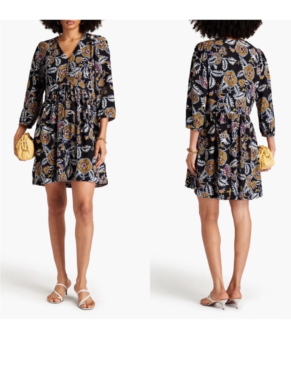 BA&SH Lady Volver Dress Black Floral Paisley Boho Babydoll French Size 4 /US XL